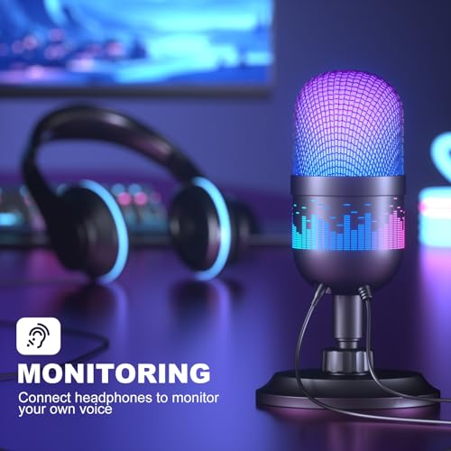 Gaming Microphone, USB Computer Microphone for PC, Mac, PS4/5, Condenser Podcast Mic for Studio Recording, for Streaming Podcast YouTube, with Led Light
