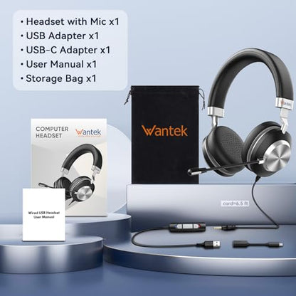 Wantek Headset wtih Mic, USB Headset with Microphone for PC, Computer Headset with Noise Canceling Microphone with Mute for Work Home Office Online Skype Zoom Meetings - color: Black
