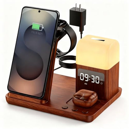 Wireless Charger for Samsung/Android Charging Station, 6 in 1 Fast Watch Charger with Alarm Clock-Night Light, Compatible for Galaxy S25 Ultra/S24, Only for Samsung Watch8/7, Galaxy Buds3 Pro(Walnut) - color: Walnut