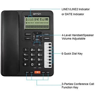 Ornin 2-Line Corded Telephone Systems for Small Business and House, Desk Phone Only (Black)