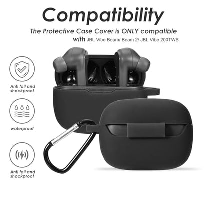 Silicone Case for JBL Vibe Beam 2, JBL Vibe Beam, JBL Vibe 200TWS True Wireless Headphones, Premium Shockproof Case Cover with Carabiner.(Black) - color: Black