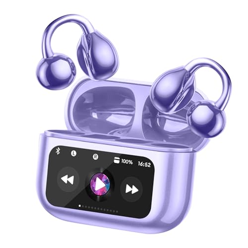 Open Ear Bone conduction Headphones Bluetooth 5.4 Wireless Clip On Earbuds with Digital Display Charging Case 40 Hours Playtime Sport Earphones Built-in Mic IPX7 Waterproof for Running Fitness Purple - color: Purple