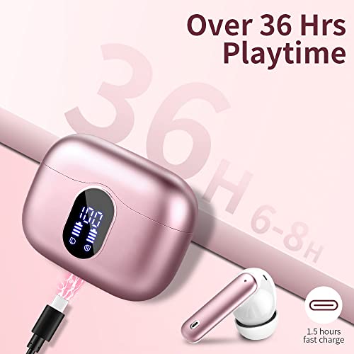 Wireless Earbuds Bluetooth 5.3 Headphones Bass Stereo Ear Buds with Noise Cancelling Mic LED Display in Ear Earphones IP7 Waterproof 36H Playtime for Laptop Pad Phones Sports Workout Pink Gold | Ear Buds with Noise Cancelling Mic LED Display, 36H, IP7 Wat