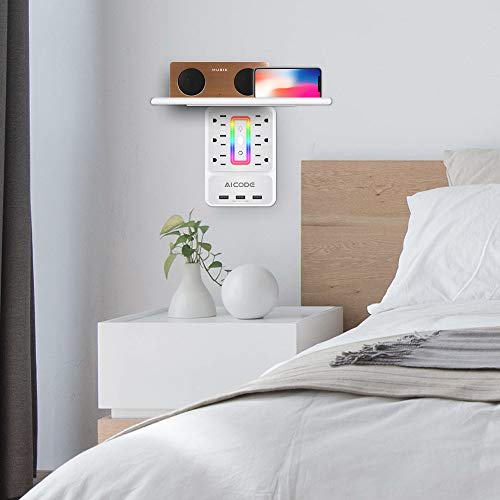 AICODE USB Outlet Extender with Shelf, RGB Night Light, 6 Outlets, White | 9-in-1 Surge Protector, 3 USB Ports (3.2A), 900J, 1875W, Compact Wall Plug Adapter for Home Kitchen Dorm