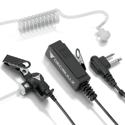 Decibullz 2-Way Surveillance Acoustic Tube Headset, M1 Earpiece Audio Set Compatible with Motorola 2-Pin (2.5mm & 3.5mm) M-Plug Jack Connector, Inline PTT Mic, Clear Coil - style: M1 2-Way Headset