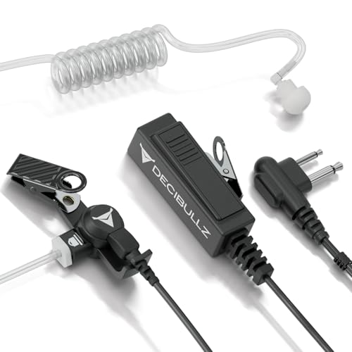 Decibullz 2-Way Surveillance Acoustic Tube Headset, M1 Earpiece Audio Set Compatible with Motorola 2-Pin (2.5mm & 3.5mm) M-Plug Jack Connector, Inline PTT Mic, Clear Coil - style: M1 2-Way Headset
