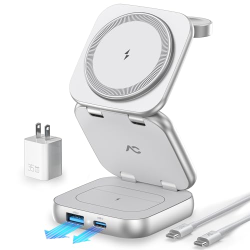 5-in-1 Wireless Charger for MagSafe, AC ISLAND Portable Travel Charging Station, 35W Max Fast Foldable Magnetic Stand, Evolved for iPhone 17-12 & Air Series, Apple Watch, AirPods (with 35W Adapter) - color: Sliver