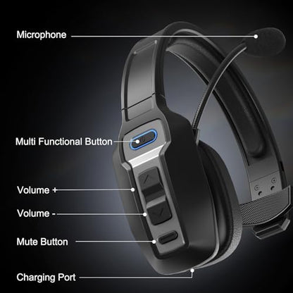Bluetooth Headset for Truck Drivers, Single Ear Wireless Headphones with Mic Noise Cancelling, Mute Button, Hands-Free, 60H Playtime for Call Center, Office, Cell Phone