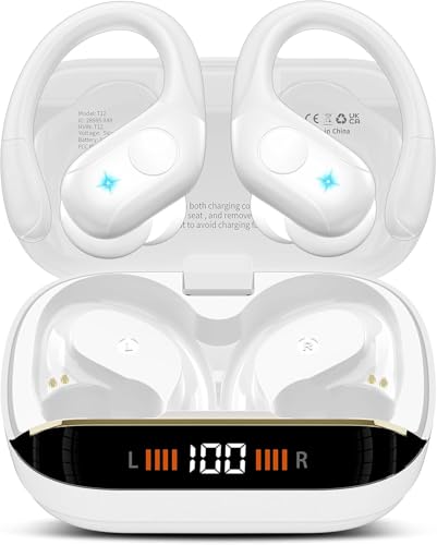 Qecnato Wireless Earbuds Bluetooth 5.4 Headphones 75H Stereo Deep Bass Sports Over Ear Buds with Earhooks, LED Display Bluetooth Earbuds with 4 ENC Mic, IP7 Waterproof Earphone for Running, White