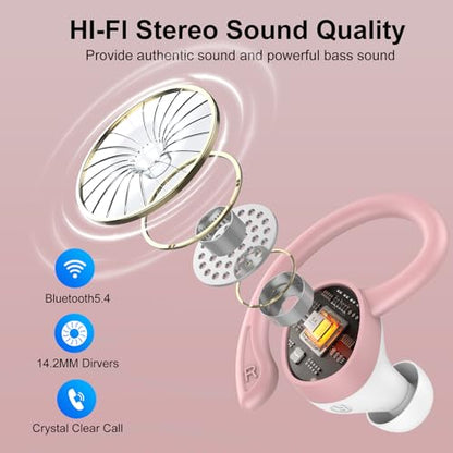 sprtoybat Wireless Earbuds, 2026 New Bluetooth 5.4 Headphones Sport Earphones with 68Hrs Playtime LED Display ENC Noise Cancelling Mic, IPX7 Waterproof Over Ear Ear Buds with Hook for Sports/Running - color: Gold Pink