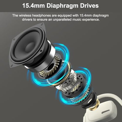 Open Ear Bluetooth V5.4 Wireless Headphones with Noise Cancelling Mic | 12H Playtime, 15.4mm Diaphragm Driver, Open Ear Headset for Office Meeting Running Cycling Driving (Beige)