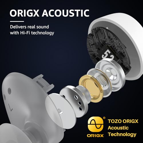 TOZO A1 Wireless Earbuds Bluetooth 5.3 Light Weight in Ear Headphones | IPX5 Waterproof, 2 Mics for AI Calls, Immersive Premium Sound Bass Ear buds with Charging Case, 32 Presets EQ via TOZO App - color: White