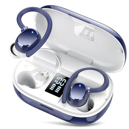 hadbleng Ear Buds Wireless Earbuds Bluetooth Headphones with 128H Playtime LED Digital Display Charging Case, Over-Ear Hook with Mic, Stereo Sound, IPX7 Waterproof Earphones for Workout/Running - color: Gemstone blue