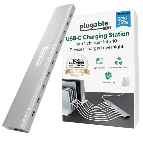 Plugable 10 Port USB C Charging Station, Up to 100W Charger for Multiple Devices with Priority Charging, Desktop Power Hub for USBC Devices Including Laptops Phones Tablets Earbuds and More (PS-10CC)