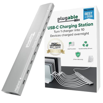 Plugable 10 Port USB C Charging Station, Up to 100W Charger for Multiple Devices with Priority Charging, Desktop Power Hub for USBC Devices Including Laptops Phones Tablets Earbuds and More (PS-10CC)