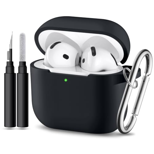 for Airpods 4th Generation Case Cover(2024),Soft Silicone Full Protective Case for AirPods 4 Case with Keychain & Cleaner Kit,Compatible with Apple Airpods 4 for Women,Men - color: A-Black