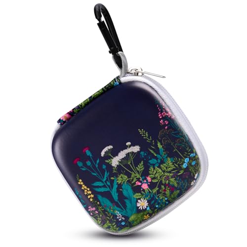Unique Patterned Portable EVA Earbud Case with Carabiner - color: Black Flowers