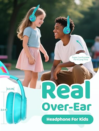 MIDOLA Bluetooth Headphones Wireless Cat Ear 60H/8H with LED Light Mic Cyan | Adjustable Headband Foldable Over-Ear Headset for Kids/Tablet/iPad/Laptop,HD Stereo Sound,Aux Aux 3.5mm - color: Cyan
