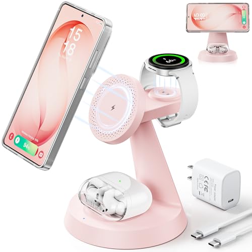 Meifigno Magnetic Wireless Charger for Samsung, 3 in 1 Charging Station Compatible with MagSafe Samsung Charger for Galaxy S26 Ultra S25 Z Fold7/Flip7, Charger Stand for Galaxy Watch Ultra 8 7, Pink - color: PINK