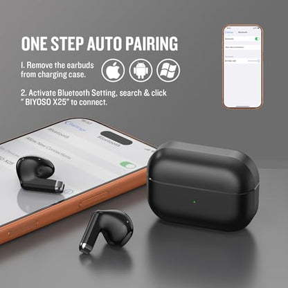 X25 Wireless Earbuds, Semi-in-Ear Bluetooth 5.3 Headphones | Super Bass Sound, Built-in Microphone, Hands-Free Call, 50H Standby Time, Auto Pairing, Compatible with iPhone & Android - color: Black