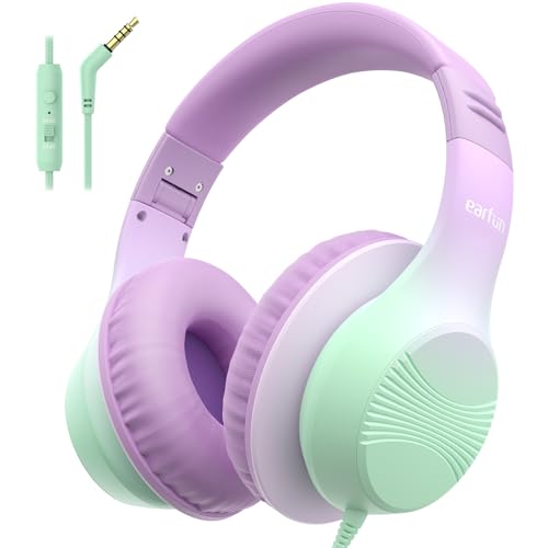 EarFun K3 Kids Headphones, Wired Kids Headphones with Mic for School/Travel | Built-in Mic, 85/94dB Volume Limit, HD Stereo Sound, 3.5mm Jack, Foldable Wired Headphones for Boys/Girls/Tablet/iPad, Purple - color: Purple