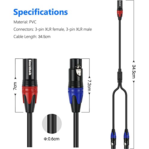 Smithok 2Pack XLR Y Splitter 1 Male to 2 Female Micrphone Cable, 3 Pin XLR 2 Female to 1 Male, Combiner Y Cord Balanced Mic Audio Cables for Stero Mic to L&R Audio Track(11.8 inches/0.3m) - size: 2 Pack 1.0 ft