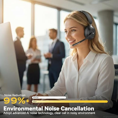 Wireless Headset with Mic for Work, Bluetooth Headset with Noise Cancelling Microphone, Charging Base & USB Computer Headset with Microphone for Call Center/Office/Home/PC/Laptop/Teams/Zoom