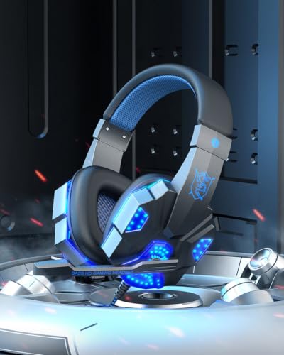 Grey Gaming Headset with Mic RGB Light, 3D Surround Sound, Noise Cancelling Over Ear for PS4 PS5 Xbox One Switch, Lightweight 40mm Driver, Breathable Earmuffs & Durable Braided Cable - color: Grey