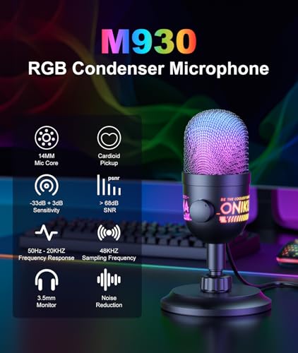USB Gaming Microphone, RGB Condenser Mic for PC PS4 PS5 Mac, Plug & Play, Tap to Mute, Gain Control, Zero-Latency Monitoring for Streaming Podcasting Recording