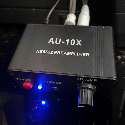 12V RCA Preamplifier, Audio Phono Preamp with Power Adapter, Mini Stereo Headphone Signal Home Amplifier, Gain 20dB for Turntable Pre amp Dual OP AMP AUX10X NE5532, RCA Input to 3.5mm Output