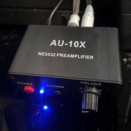 12V RCA Preamplifier, Audio Phono Preamp with Power Adapter, Mini Stereo Headphone Signal Home Amplifier, Gain 20dB for Turntable Pre amp Dual OP AMP AUX10X NE5532, RCA Input to 3.5mm Output