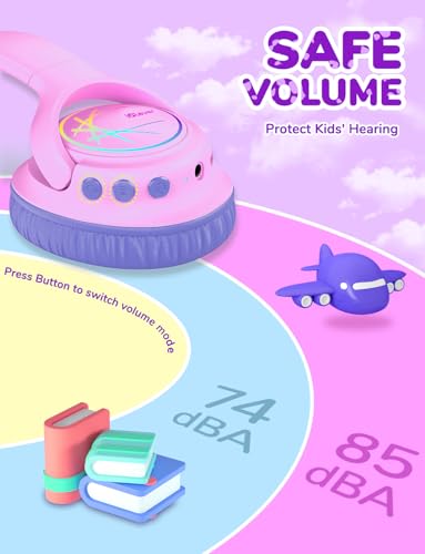 iClever BTH18 Kids Bluetooth Headphones LED Lights for Toddler Boys Girls | SafeSound Tech, 43H Playtime Stereo Sound, USB C Charging AUX Cable, Over Ear Kids Headphones Wireless for iPad/Tablet/Travel - color: B-Blue/Pink