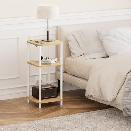 Bamboo End Table with Charging Station, Side Table for Small Space, Small Table Stand, Narrow Wooden Bedside Table Nightstand with Shelves, for Nursery, Living Room, Bedroom, Natural and White - color: Natural and White