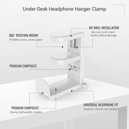 Under Desk Headphone Hanger Clamp, Rotating Mount for Sit-Stand Desks, No-Drill Installation, Paper-Based Composite (1 PC) - color: White