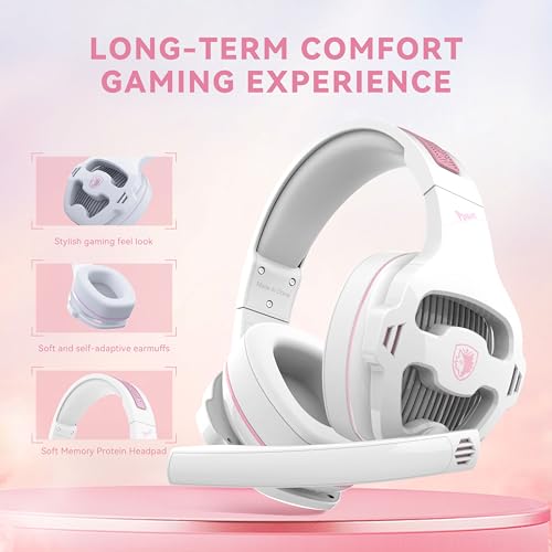 SA726 Stereo Gaming Headset for Xbox One PS4 PS5 Controller, Over Ear Headphone with Mic Noise Cancelling Headset for PC Xbox Series (White Pink) - color: SA726 Pink