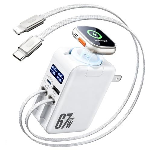 5-in-1 67W Retractable USB-C Wall Charger, for Apple Watch & iPhone & iPad | Smart Display, GaN Fast Charging, Retractable Charger, iWatch Pad, Foldable Plug, Travel-Ready, 2 Built-in Cables & 2 Ports
