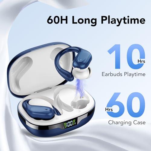 Ear buds Wireless Earbuds Bluetooth 5.3 Headphones 60hrs Playtime with Digital Display Sports Wireless Headphones with Earhook Deep Bass IPX7 Waterproof Over-Ear Earbuds for Android iOS Workout Blue - color: Blue