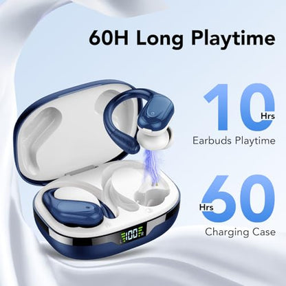 Ear buds Wireless Earbuds Bluetooth 5.3 Headphones 60hrs Playtime with Digital Display Sports Wireless Headphones with Earhook Deep Bass IPX7 Waterproof Over-Ear Earbuds for Android iOS Workout Blue - color: Blue