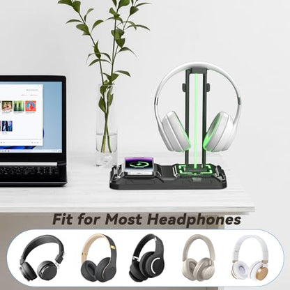 KDD RGB Headphone Controller Stand with Wireless Charging & Desk Aluminum Headphone Stand for Universal Storage