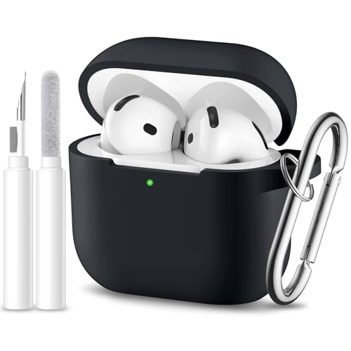for Airpods 4th Generation Case Cover(2024),Soft Silicone Full Protective Case for AirPods 4 Case with Keychain & Cleaner Kit,Compatible with Apple Airpods 4 for Women,Men（Black） - color: Black