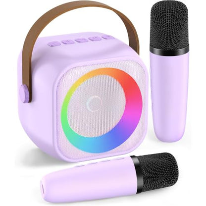 Karaoke Machine,Mini Portable Karaoke Speaker with 2 Wireless Microphones - color: Purple
