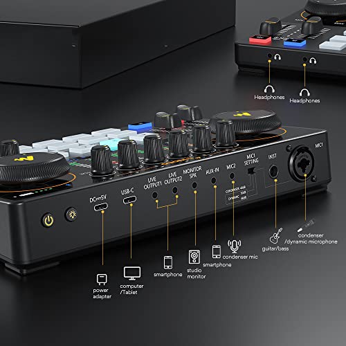 MAONO AME2A Podcast Equipment Bundle, Audio Interface and XLR Condenser Mic | 48V phantom power, Bluetooth, 11 custom sound pads, podcast recording, YouTube/TikTok live streaming, PC and home creators