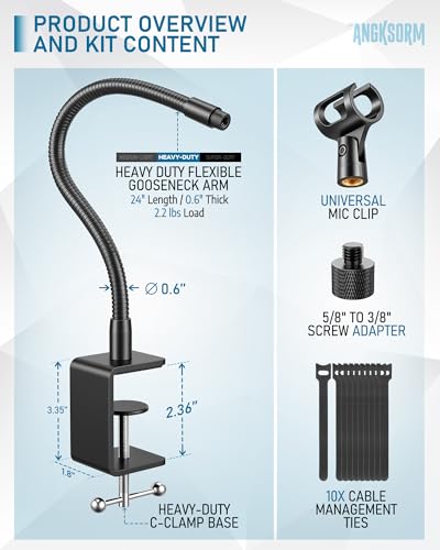 KC32 24-Inch Gooseneck Mic Stand, Heavy-Duty Desk Clamp for Podium | Flexible Arm Microphone Holder, Lectern Mount, 5/8-27 Thread, 3/8-16 Adapter, Mic Clip, Podcast, Pulpit, Studio, 2.2 lb Load - size: 24-INCH