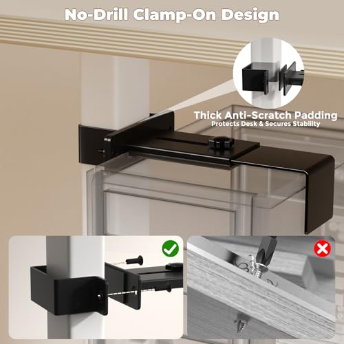 Under Desk PC Mount & CPU Holder, No-Drill Clamp-On Stand for Standing Desk (Fits 65x45mm Square Legs), Adjustable Steel Computer Tower Holder, Heavy-Duty 40lbs/18kg, Black - size: 65X45mm