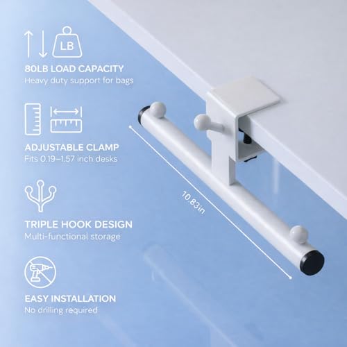 3-Hook Desk Bag Hanger, Purse Hook for Desk, Backpack Hanger Office Use | Fits 0.39-1.57 in. desk or shelf thicknesses; tool-free clamp and non-slip pads hold headphones plus a backpack or lunch bag. - color: White