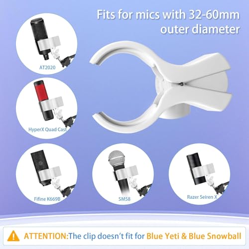 Large Microphone Clip for Mics with Outer Diameter 1.26" to 2.3" | Adjustable Mic Holder, Premium ABS, Inside sponge to protect microphones, With 5/8" Male to 3/8" Female Screw Adapter - color: White, size: 2 Pack