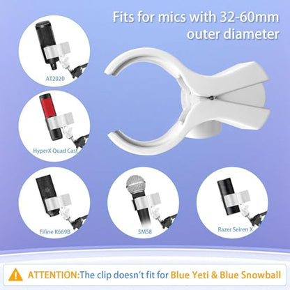 Large Microphone Clip for Mics with Outer Diameter 1.26" to 2.3" | Adjustable Mic Holder, Premium ABS, Inside sponge to protect microphones, With 5/8" Male to 3/8" Female Screw Adapter - color: White, size: 2 Pack