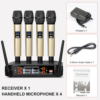 Depusheng DX4 Wireless Microphone with 4 Professional UHF Dynamic Mic Cordless Handheld Microphone System for Karaoke Singing Party Church Wedding PA Speaker