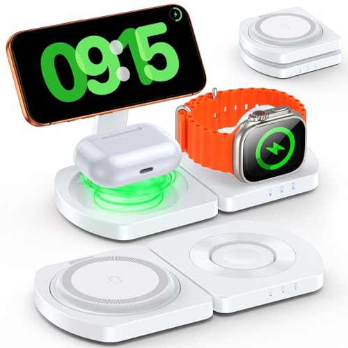 Wireless Charger for IPhone, 3-in-1 Magnetic Charging Station for Apple, MagSafe Charger Stand for IPhone 17 Air 16 15 14 13 12 Series, Airpods Pro, Apple Watch Ultra, Foldable, No Adapter, White | Compatible with iPhone 17 Air 16 15 14 13 12 Series, AirP