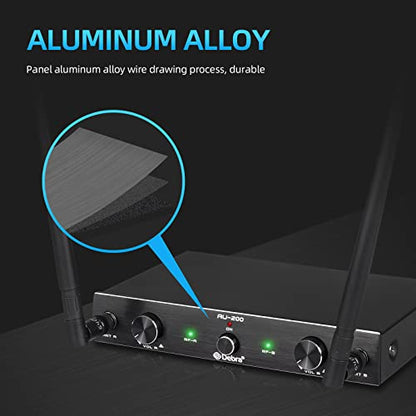 D Debra Audio AU200 Pro UHF 2 Channel Wireless Microphone System with Cordless Handheld Lavalier Headset Mics, Metal Receiver, for Karaoke Church Party (1 Handheld & 1 Bodypack) - style: 1 Handheld & 1 Bodypack